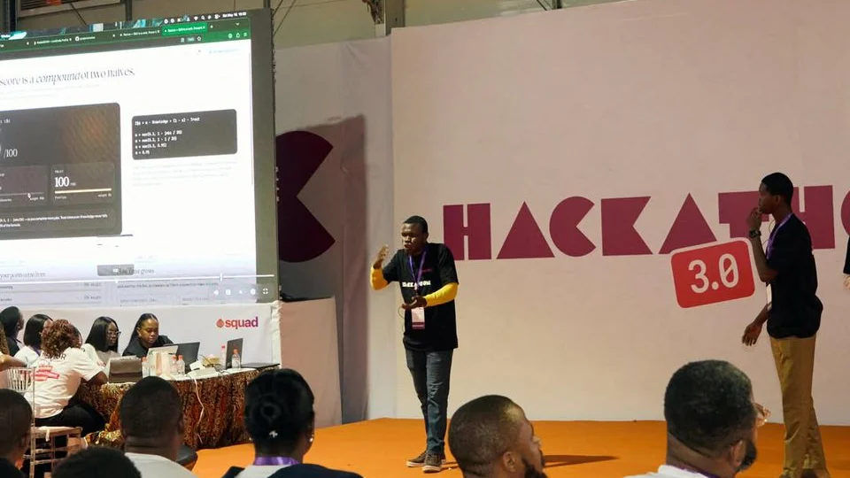 Lasisi Quadri pitching on stage at Hackathon 3.0